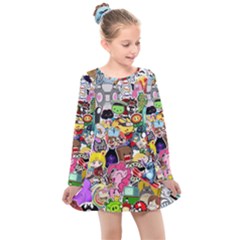 Assorted Cartoon Characters Doodle  Style Heroes Kids  Long Sleeve Dress by Jancukart