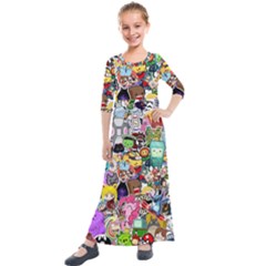 Assorted Cartoon Characters Doodle  Style Heroes Kids  Quarter Sleeve Maxi Dress by Jancukart