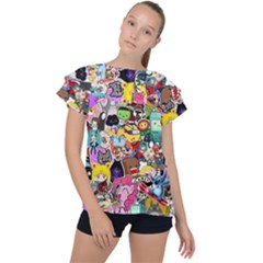 Assorted Cartoon Characters Doodle  Style Heroes Ruffle Collar Chiffon Blouse