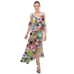 Assorted Cartoon Characters Doodle  Style Heroes Maxi Chiffon Cover Up Dress