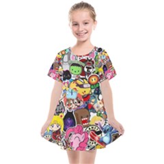 Assorted Cartoon Characters Doodle  Style Heroes Kids  Smock Dress by Jancukart