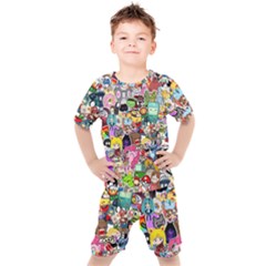 Assorted Cartoon Characters Doodle  Style Heroes Kids  Tee And Shorts Set by Jancukart