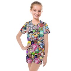 Assorted Cartoon Characters Doodle  Style Heroes Kids  Mesh Tee And Shorts Set