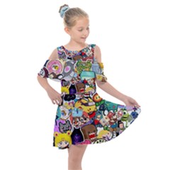 Assorted Cartoon Characters Doodle  Style Heroes Kids  Shoulder Cutout Chiffon Dress by Jancukart