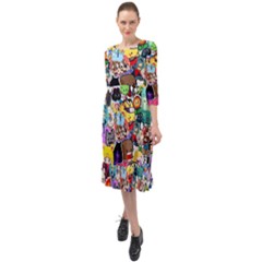 Assorted Cartoon Characters Doodle  Style Heroes Ruffle End Midi Chiffon Dress by Jancukart