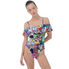 Assorted Cartoon Characters Doodle  Style Heroes Frill Detail One Piece Swimsuit by Jancukart