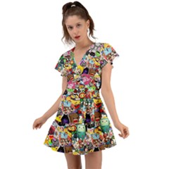 Assorted Cartoon Characters Doodle  Style Heroes Flutter Sleeve Wrap Dress