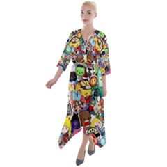 Assorted Cartoon Characters Doodle  Style Heroes Quarter Sleeve Wrap Front Maxi Dress