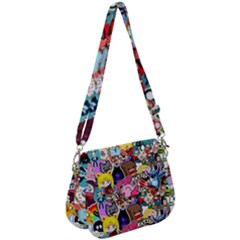 Assorted Cartoon Characters Doodle  Style Heroes Saddle Handbag