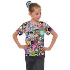 Assorted Cartoon Characters Doodle  Style Heroes Kids  Mesh Piece Tee