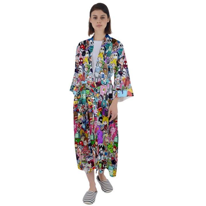 Assorted Cartoon Characters Doodle  Style Heroes Maxi Satin Kimono