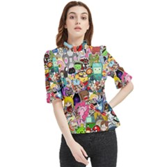 Assorted Cartoon Characters Doodle  Style Heroes Frill Neck Blouse