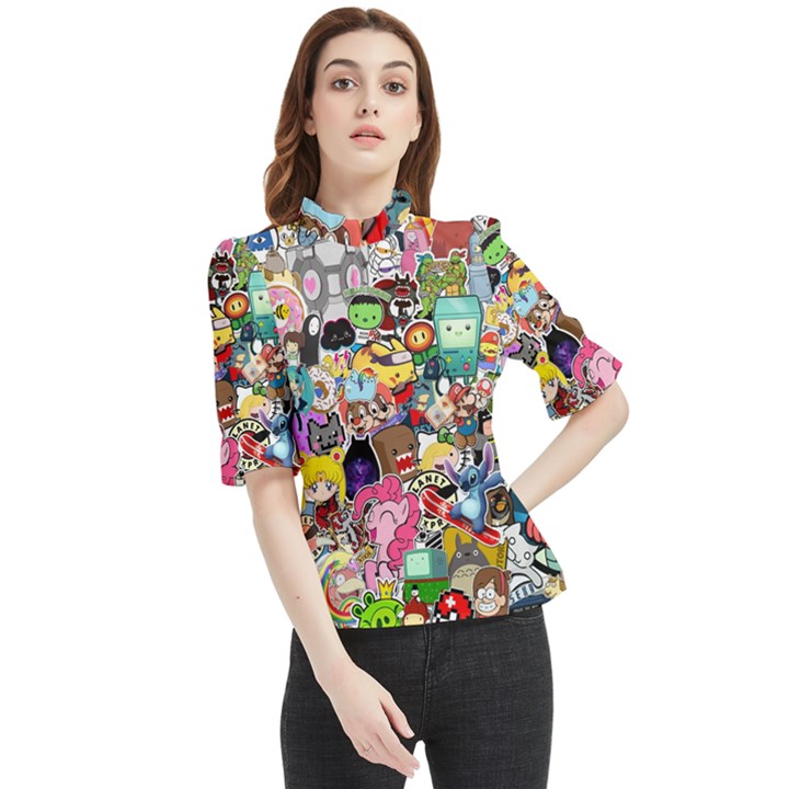 Assorted Cartoon Characters Doodle  Style Heroes Frill Neck Blouse