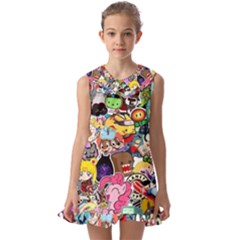 Assorted Cartoon Characters Doodle  Style Heroes Kids  Pilgrim Collar Ruffle Hem Dress by Jancukart