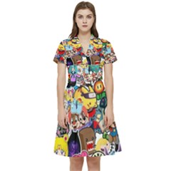 Assorted Cartoon Characters Doodle  Style Heroes Short Sleeve Waist Detail Dress by Jancukart