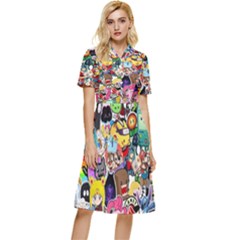 Assorted Cartoon Characters Doodle  Style Heroes Button Top Knee Length Dress