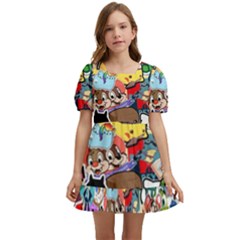 Assorted Cartoon Characters Doodle  Style Heroes Kids  Short Sleeve Dolly Dress by Jancukart