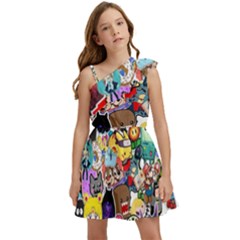 Assorted Cartoon Characters Doodle  Style Heroes Kids  One Shoulder Party Dress by Jancukart