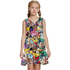 Assorted Cartoon Characters Doodle  Style Heroes Kids  Sleeveless Tiered Mini Dress by Jancukart