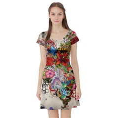 Romantic Cotton Pattern Wallpaper Texture Design Art Short Sleeve Skater Dress