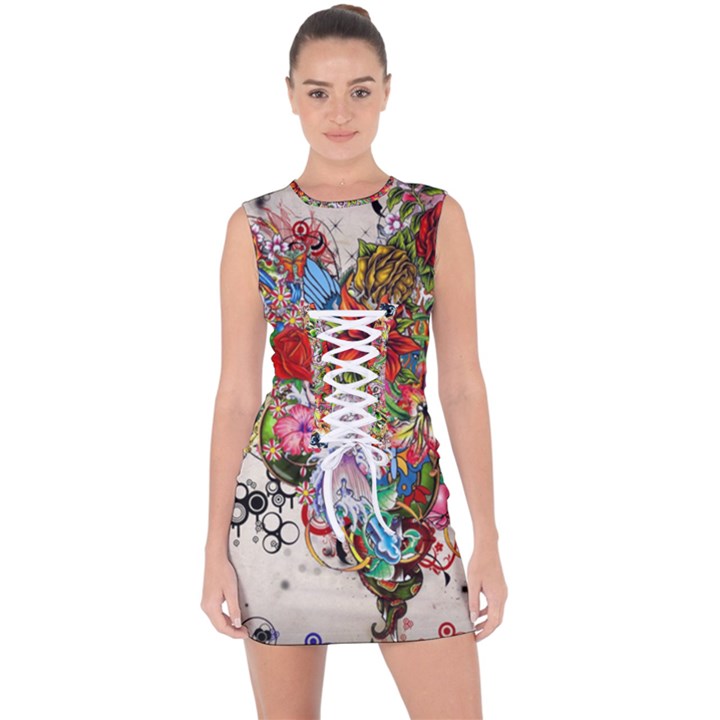 Romantic Cotton Pattern Wallpaper Texture Design Art Lace Up Front Bodycon Dress