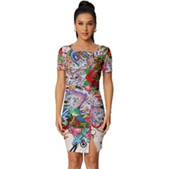 Romantic Cotton Pattern Wallpaper Texture Design Art Fitted Knot Split End Bodycon Dress