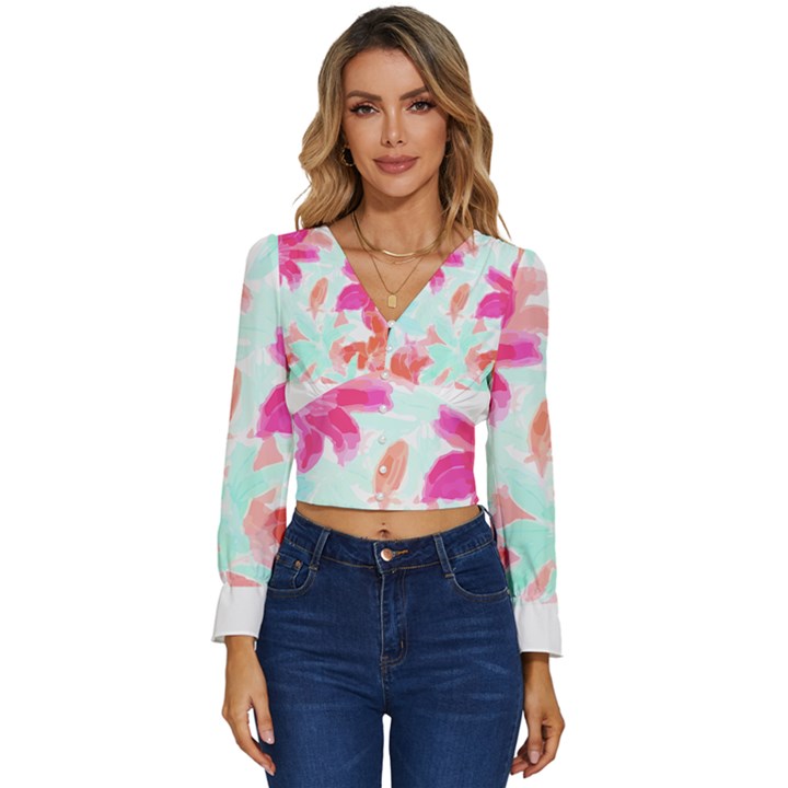 Tropical T- Shirt Tropical Gorgeous Floristic T- Shirt Long Sleeve V-Neck Top