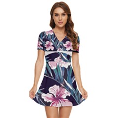 Tropical T- Shirt Tropical Graceful Flower T- Shirt V-neck High Waist Chiffon Mini Dress