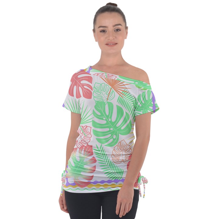 Tropical T- Shirt Tropical Leaves T- Shirt Off Shoulder Tie-Up Tee