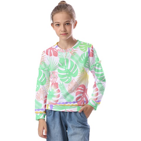 Tropical T- Shirt Tropical Leaves T- Shirt Kids  Long Sleeve Tee With Frill  by maxcute