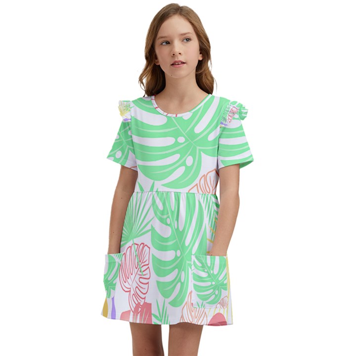 Tropical T- Shirt Tropical Leaves T- Shirt Kids  Frilly Sleeves Pocket Dress