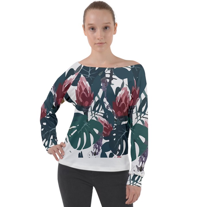 Tropical T- Shirt Tropical Magnificent Tiger T- Shirt Off Shoulder Long Sleeve Velour Top