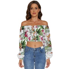 Tropical T- Shirt Tropical Majestic Floral T- Shirt Long Sleeve Crinkled Weave Crop Top