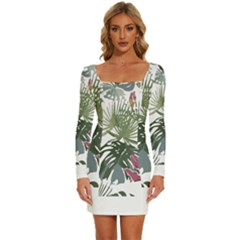 Tropical T- Shirt Tropical Pattern Antler T- Shirt Long Sleeve Square Neck Bodycon Velour Dress