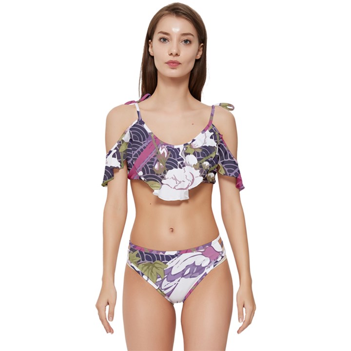 Tropical T- Shirt Tropical Pattern Floriculture T- Shirt Ruffle Edge Tie Up Bikini Set	