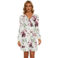 Tropical T- Shirt Tropical Pattern Hawaii T- Shirt Long Sleeve Waist Tie Ruffle Velour Dress