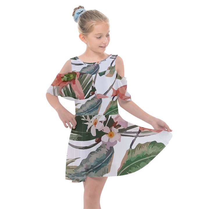 Tropical T- Shirt Tropical Pattern Quiniflore T- Shirt Kids  Shoulder Cutout Chiffon Dress