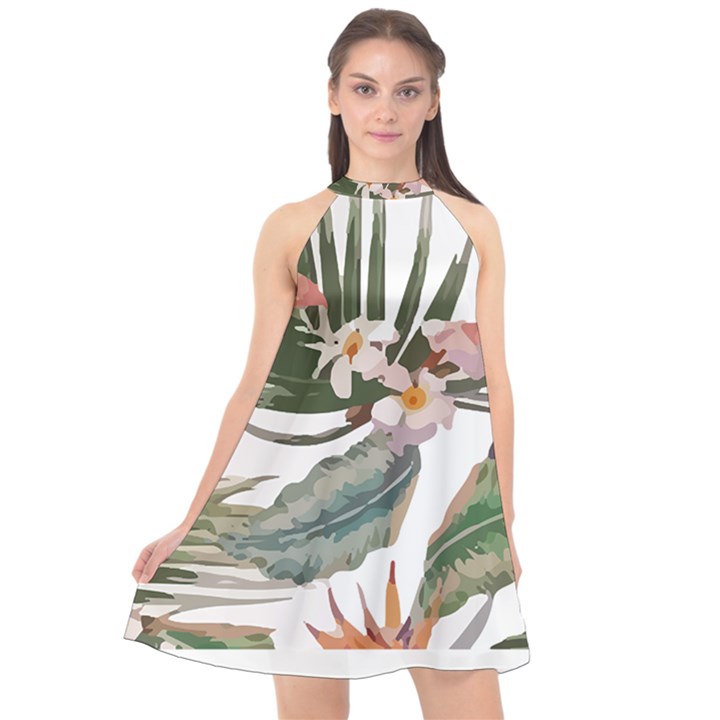 Tropical T- Shirt Tropical Pattern Quiniflore T- Shirt Halter Neckline Chiffon Dress 