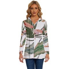 Tropical T- Shirt Tropical Pattern Quiniflore T- Shirt Long Sleeve Drawstring Hooded Top