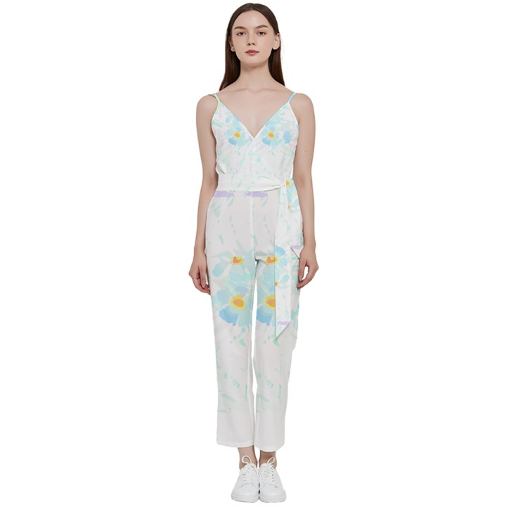 Tropical T- Shirt Tropical Trend Flower De Lis T- Shirt V-Neck Spaghetti Strap Tie Front Jumpsuit