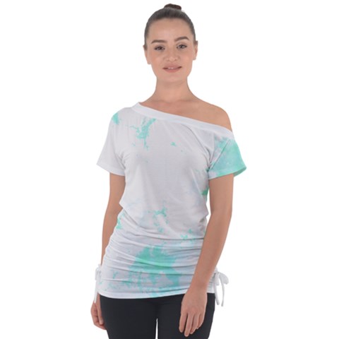 Turquoise T- Shirt Blue And Turquoise Marble Splash Abstract Artwork T- Shirt Off Shoulder Tie-up Tee by maxcute