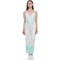 Turquoise T- Shirt Blue And Turquoise Marble Splash Abstract Artwork T- Shirt V-neck Spaghetti Strap Tie Front Jumpsuit by maxcute