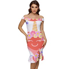 Unicorn T- Shirt Cute Unicorn Heart Valentines Day Design T- Shirt Off Shoulder Ruffle Split Hem Bodycon Dress