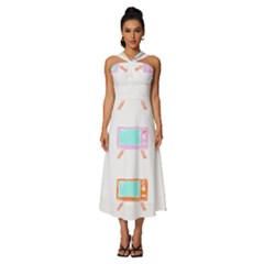 Vintage Retro T- Shirt Retro T V Clicks T- Shirt Sleeveless Cross Front Cocktail Midi Chiffon Dress