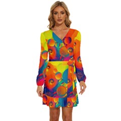 Colorfull Pattern Long Sleeve Waist Tie Ruffle Velour Dress by artworkshop