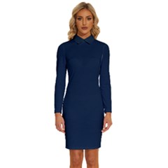 Sapphire Elegance Long Sleeve Shirt Collar Bodycon Dress by HWDesign