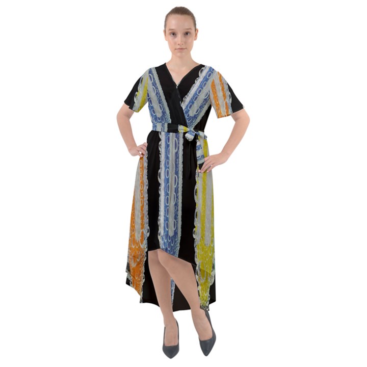 Pencil colorfull pattern Front Wrap High Low Dress