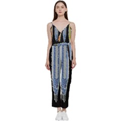 Pencil Colorfull Pattern V-neck Spaghetti Strap Tie Front Jumpsuit