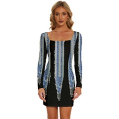 Pencil Colorfull Pattern Long Sleeve Square Neck Bodycon Velour Dress