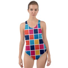 Square Plaid Checkered Pattern Cut-out Back One Piece Swimsuit by Ravend